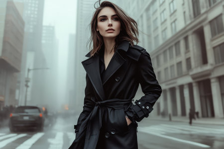 A woman in a chic trench coat poses on a bustling city street with towering buildings shrouded in mist.の素材