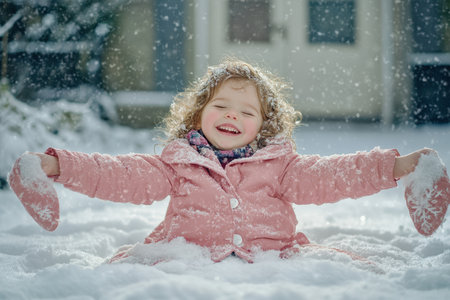 A cheerful child in a pink coat joyfully plays in soft snow, smiling while surrounded by winter scenery.の素材