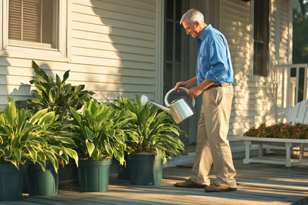 A man in casual attire waters potted plants on a wooden porch as the sun sets, creating a serene atmosphere.の素材