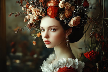 A woman showcases a stunning floral headdress adorned with roses and blossoms in a vintage atmosphere.の素材