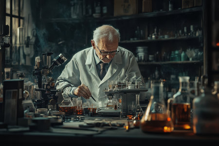 A scientist in a white coat conducts experiments in a vintage lab full of glassware and chemistry tools.の素材