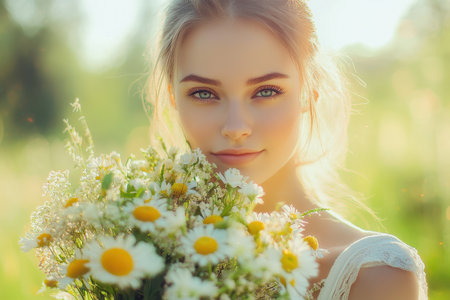 A young woman stands outdoors, smiling warmly while holding a lush bouquet of wildflowers against a bright background.の素材
