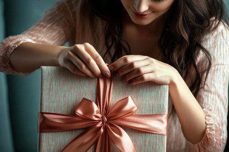 A woman is carefully removing the ribbon from a neatly packaged gift, emphasizing anticipation and joy.の素材
