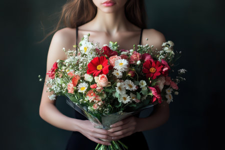 A woman stands with a colorful bouquet comprising roses, daisies, and other flowers against a dark background.の素材