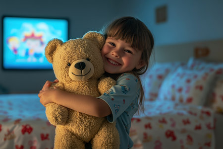 A joyful child is embracing a teddy bear while watching a show in her warm, inviting bedroom at night.の素材