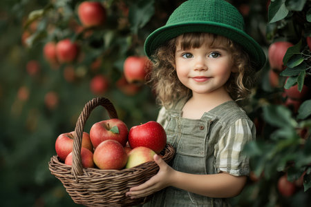 A cheerful child in green hat collects ripe apples in a wicker basket among lush trees in an orchard.の素材