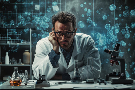 A scientist examines data in a laboratory filled with glassware and a microscope, displaying deep concentration.の素材
