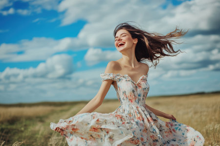 A woman joyfully twirls in a flowing floral dress, surrounded by tall grass under a bright blue sky.の素材