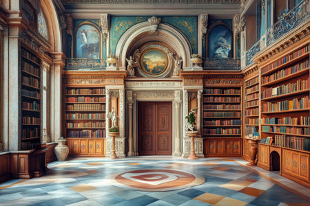 Intricate details of a historic library with tall bookshelves, elegant decor, and a central patterned floor.の素材