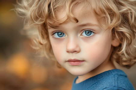 A young child with curly blonde hair gazes curiously outdoors, surrounded by a softly blurred background.の素材