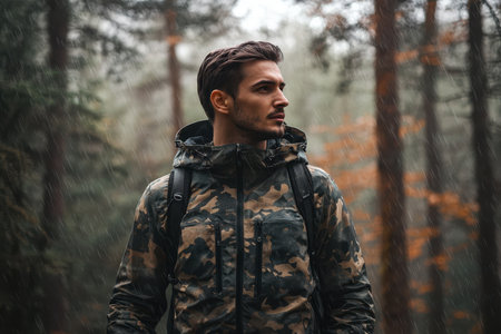 A man stands in a dense forest wearing a camouflage jacket as raindrops fall, surrounded by trees and autumn colors.の素材