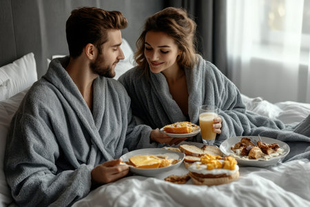 A couple relaxes in bed wearing soft robes, savoring a delicious breakfast spread and enjoying each other's company.の素材