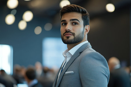 Young professional in a gray suit attends a business event, showing confidence and engagement with others.の素材