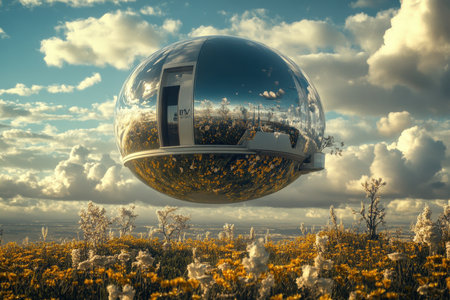 A reflective spherical structure hovers above colorful wildflowers, surrounded by soft clouds and blue sky.の素材