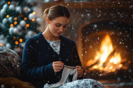 A woman is peacefully knitting in a cozy living room, enjoying a warm fire and festive decorations.の素材