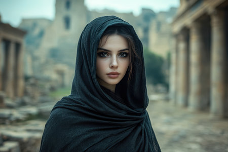 A young woman wearing a dark hood stands near ancient ruins, evoking a sense of mystery and history.の素材