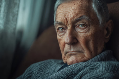 An elderly man gazes thoughtfully while sitting in a comfortable chair, surrounded by soft light.の素材