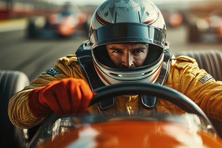 A determined race car driver grips the steering wheel, concentrating intensely on the track ahead.の素材