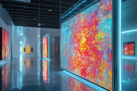 Visitors explore an art gallery showcasing colorful digital artwork on large screens with reflective floors.の素材