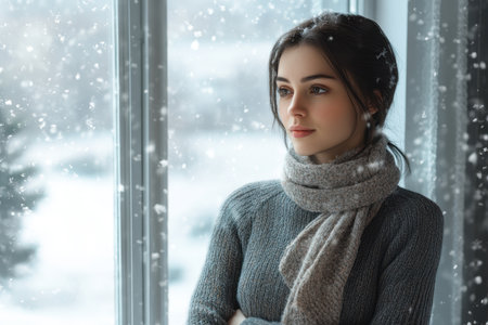 A young woman gazes thoughtfully out a window as snowflakes gently fall outside, creating a serene winter atmosphere.の素材