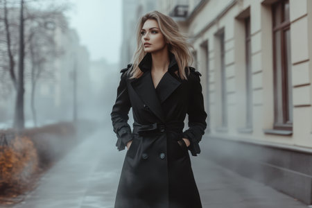 A woman wearing a stylish black coat strolls along a misty urban street lined with trees in autumn.の素材