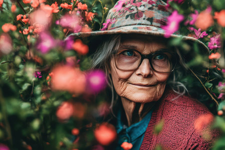 An elderly woman wearing glasses and a hat enjoys the beauty of colorful flowers in a lush garden.の素材