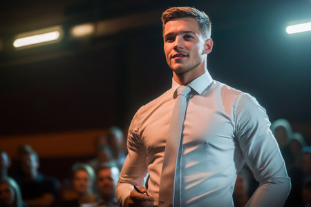 A speaker presents confidently to an engaged audience at a business conference, highlighting key points.の素材