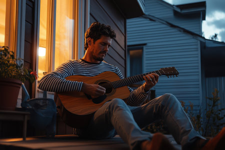 A person plays an acoustic guitar while seated on the porch, enjoying a peaceful evening at dusk.の素材