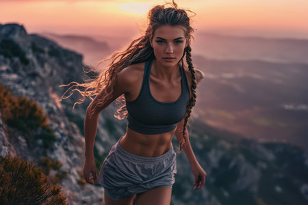 A young woman jogs on a mountain trail at sunset, showing her athleticism against a breathtaking backdrop.の素材