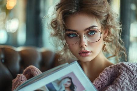 A young woman with curly hair and glasses flips through a magazine in a charming cafe filled with warmth.の素材