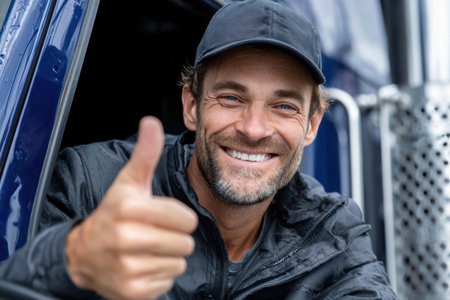 A truck driver expresses positivity with a thumbs up gesture, showing a friendly demeanor by the road.の素材