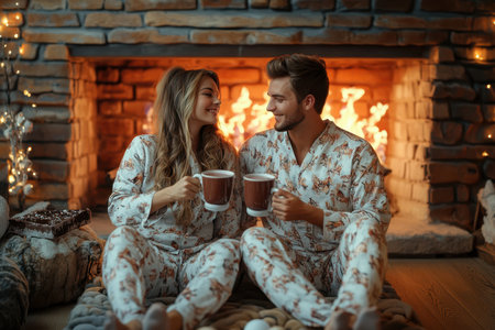 Two people in matching pajamas sit on a cozy floor, holding mugs and smiling at each other by a warm fire.の素材
