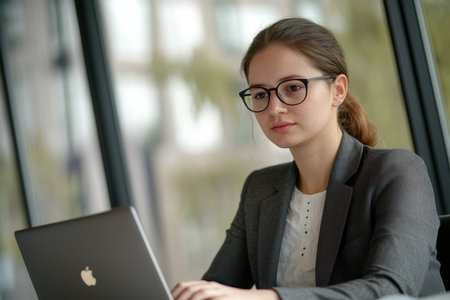 A young woman with glasses intently types on a laptop while sitting in a bright, contemporary office space.の素材