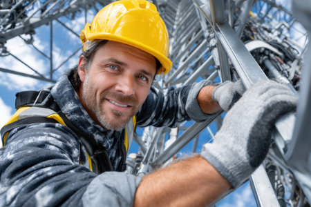 A worker scales a telecommunications tower, demonstrating safety and expertise in bright sunlight while smiling.の素材