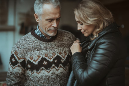 A man and woman share a warm interaction while indoors, surrounded by a cozy atmosphere at dusk.の素材