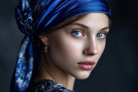 A young woman in a blue scarf gazes thoughtfully, her bright blue eyes softly illuminated by ambient light.の素材