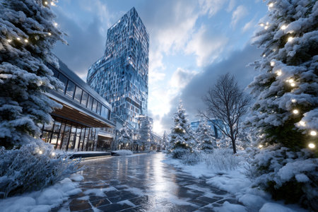 Snow covers the ground and trees in a serene city street, showing modern architecture against a winter sky.の素材