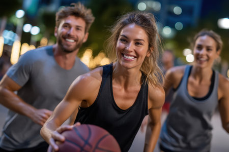 Friends enjoy a fun night playing basketball under city lights, showing teamwork and laughter.の素材