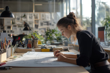 A woman concentrates on sketching detailed architectural designs in a well-lit workspace full of materials.の素材
