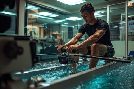 A young man practices rowing techniques on a water simulator in a training facility's serene environment.の素材