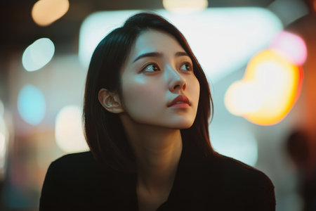 A woman reflects in a bustling urban environment illuminated by vibrant neon lights during nighttime.の素材