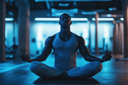 A man practicing meditation in a gym, surrounded by soft blue lighting, showing focus and tranquility.の素材