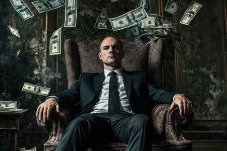 A man sits confidently in an armchair as dollar bills cascade around him in a lavish, vintage setting.の素材