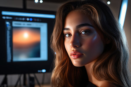 A young woman with long, flowing hair is looking intently at the camera, illuminated softly.の素材