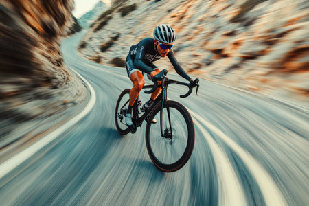 A cyclist speeds down a twisting mountain road, enjoying the thrill of the ride in the afternoon sun.の素材