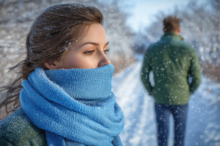A woman enjoys a winter day with a cozy scarf, while a man walks behind her on a snowy path.の素材