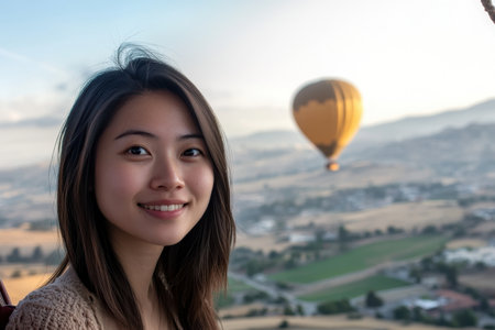 A woman smiles happily as she experiences a hot air balloon ride over expansive fields at sunset.の素材