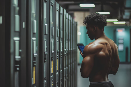 Athlete stands in locker area, reviewing messages on phone between workout sets at the gym.の素材