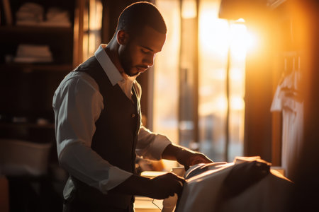 A tailor focuses intently on crafting a shirt in a sunlit workshop as evening approaches.の素材