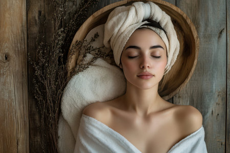 A woman with a towel on her head relaxes amidst soft towels and dried flowers, embracing wellness and peace.の素材